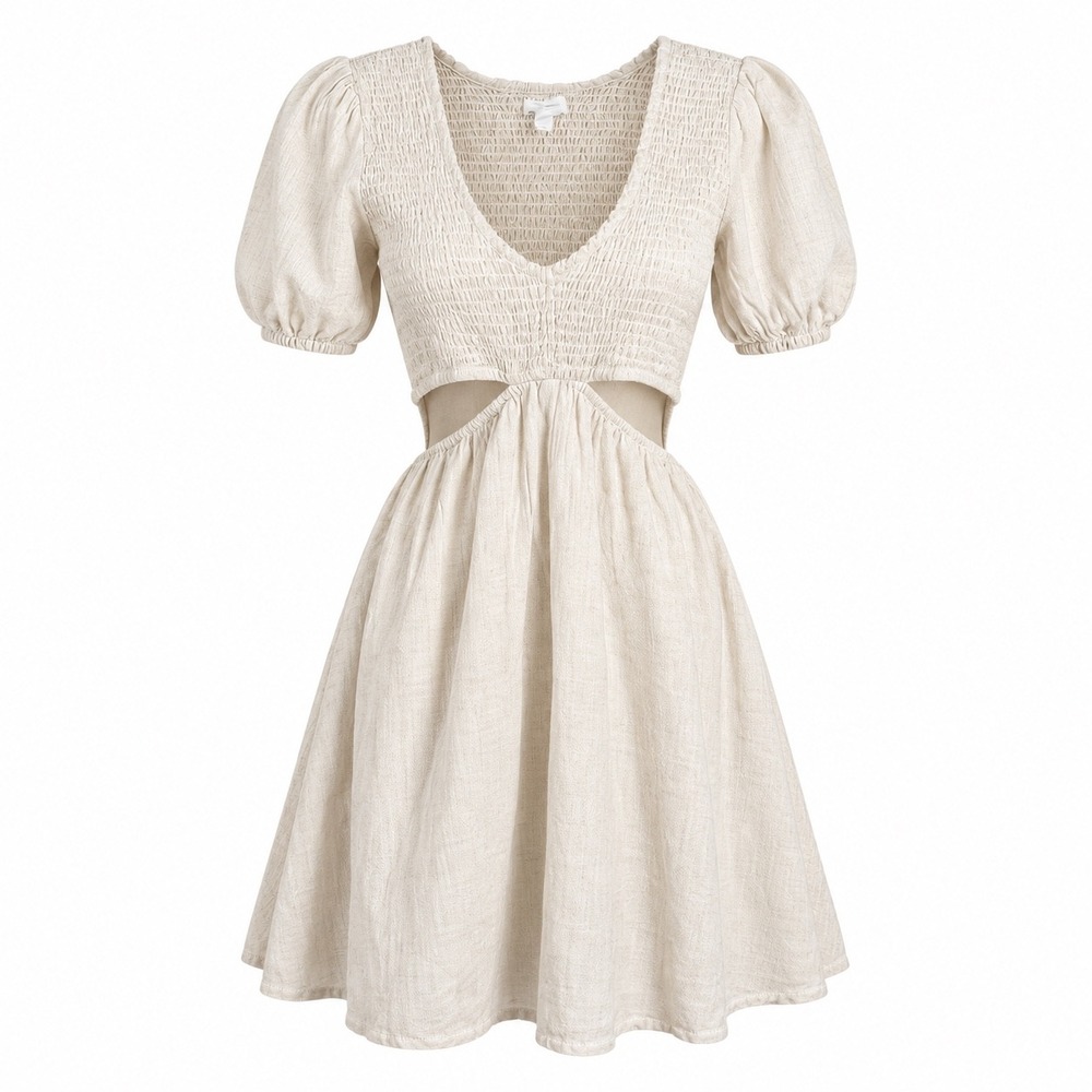 Japna Mini Dress Womens Medium Beige Smocked Puff Sleeve Cut Out Linen Blend